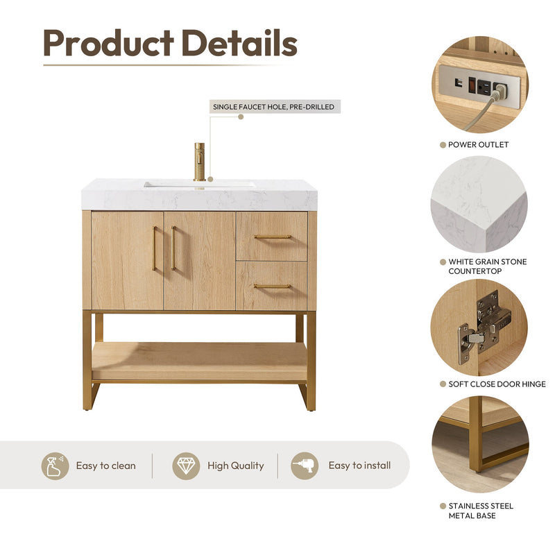 Vinnova 796036-WO-GW Kolkata 36" Single Sink Bath Vanity in Weathered Oak with White Grain Composite Stone Top