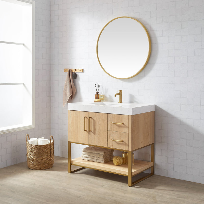 Vinnova 796036-WO-GW Kolkata 36" Single Sink Bath Vanity in Weathered Oak with White Grain Composite Stone Top