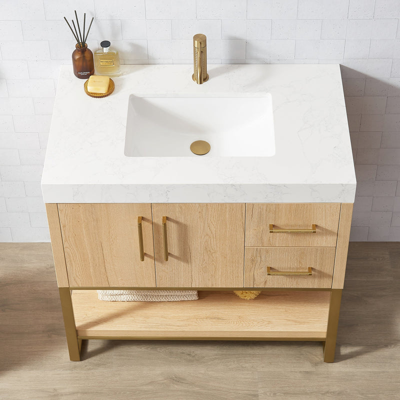 Vinnova 796036-WO-GW Kolkata 36" Single Sink Bath Vanity in Weathered Oak with White Grain Composite Stone Top