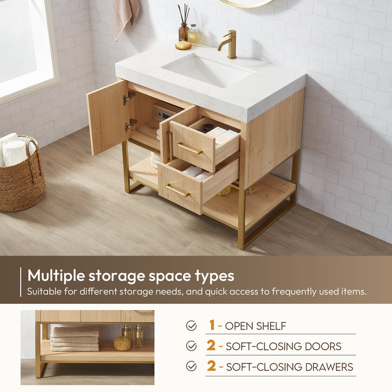 Vinnova 796036-WO-GW Kolkata 36" Single Sink Bath Vanity in Weathered Oak with White Grain Composite Stone Top