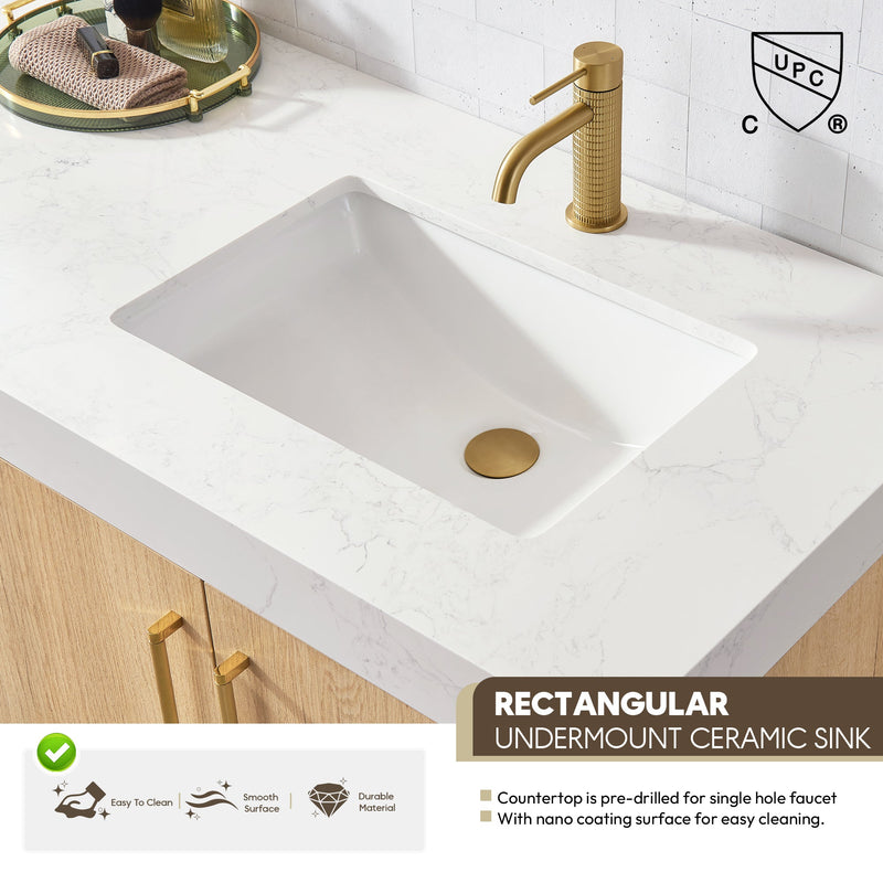 Vinnova 796036-WO-GW Kolkata 36" Single Sink Bath Vanity in Weathered Oak with White Grain Composite Stone Top