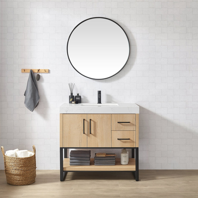 Vinnova 796036B-WO-GW Kolkata 36B" Single Sink Bath Vanity in Weathered Oak with White Grain Composite Stone Top