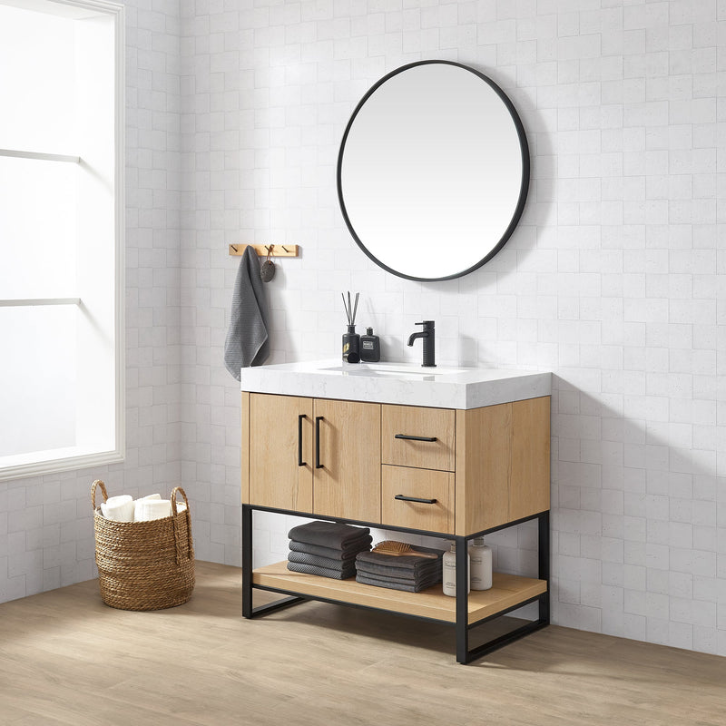 Vinnova 796036B-WO-GW Kolkata 36B" Single Sink Bath Vanity in Weathered Oak with White Grain Composite Stone Top