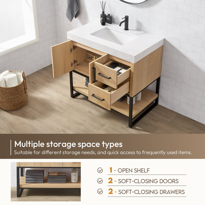 Vinnova 796036B-WO-GW Kolkata 36B" Single Sink Bath Vanity in Weathered Oak with White Grain Composite Stone Top