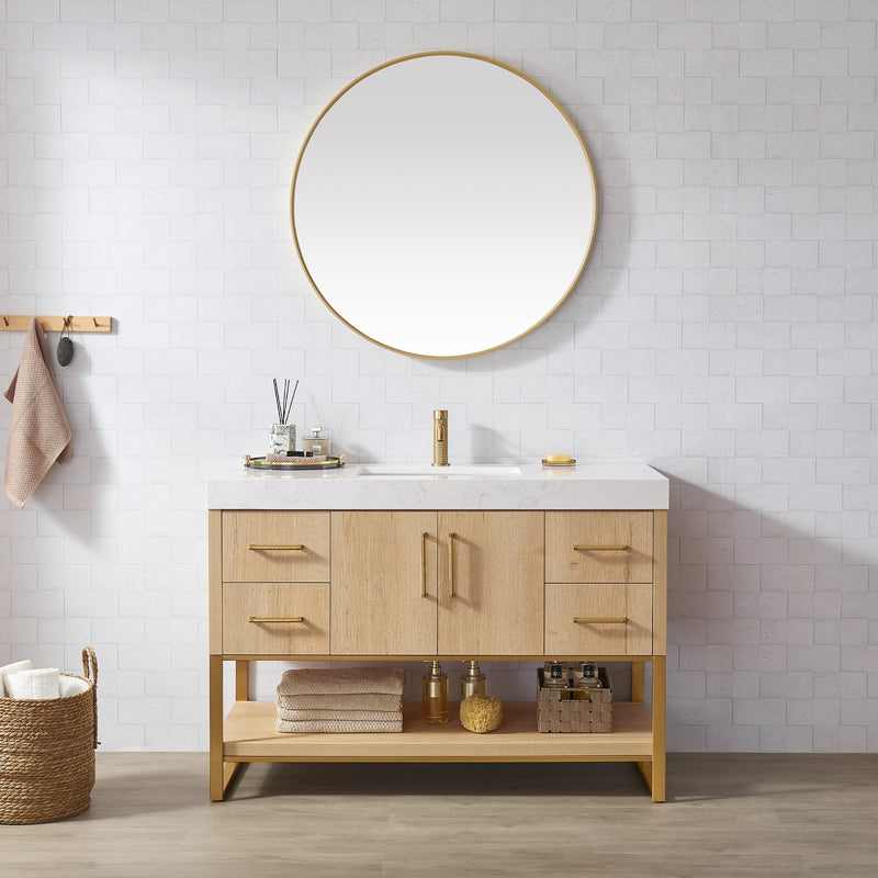 Vinnova 796048-WO-GW Kolkata 48" Single Sink Bath Vanity in Weathered Oak with White Grain Composite Stone Top