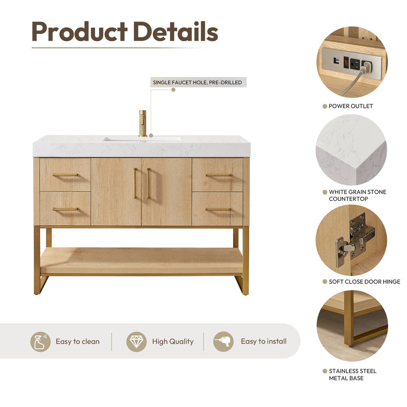 Vinnova 796048-WO-GW Kolkata 48" Single Sink Bath Vanity in Weathered Oak with White Grain Composite Stone Top