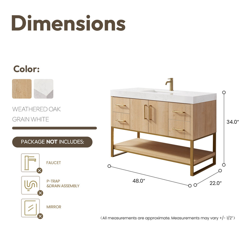 Vinnova 796048-WO-GW Kolkata 48" Single Sink Bath Vanity in Weathered Oak with White Grain Composite Stone Top