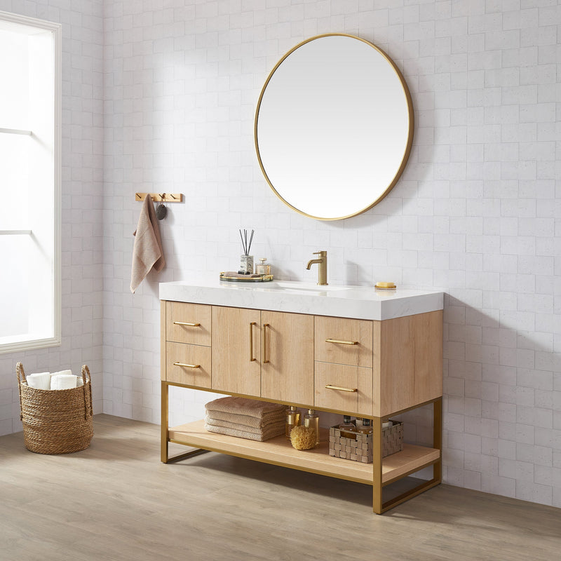 Vinnova 796048-WO-GW Kolkata 48" Single Sink Bath Vanity in Weathered Oak with White Grain Composite Stone Top