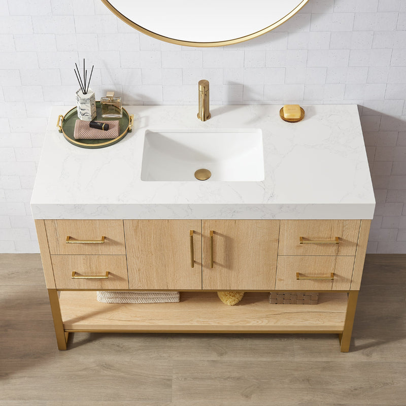 Vinnova 796048-WO-GW Kolkata 48" Single Sink Bath Vanity in Weathered Oak with White Grain Composite Stone Top