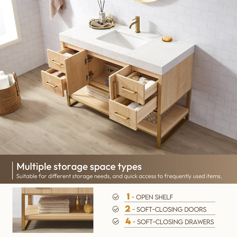 Vinnova 796048-WO-GW Kolkata 48" Single Sink Bath Vanity in Weathered Oak with White Grain Composite Stone Top
