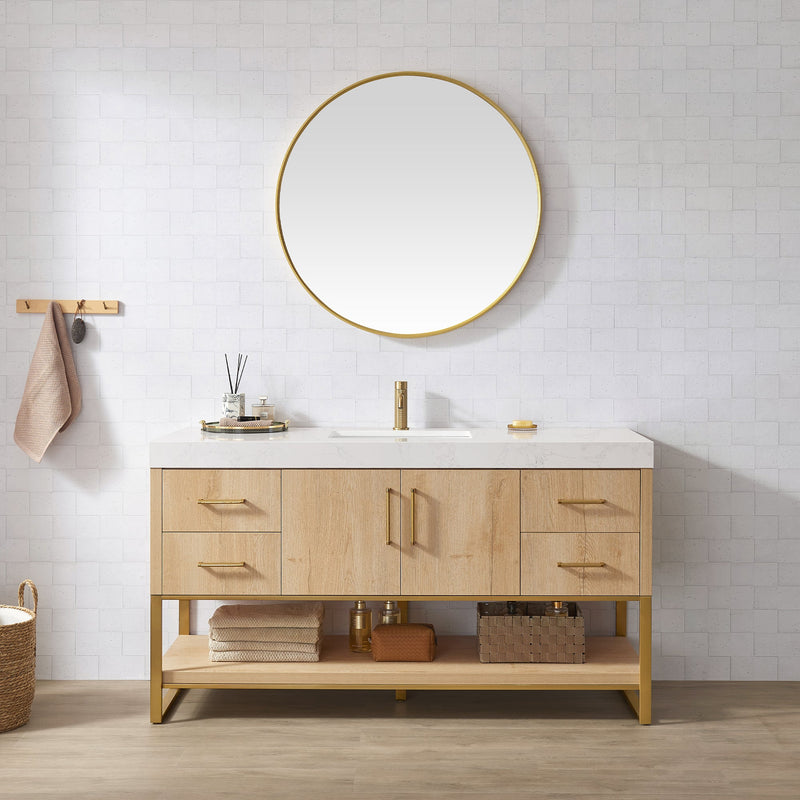 Vinnova 796060-WO-GW Kolkata 60" Single Sink Bath Vanity in Weathered Oak with White Grain Composite Stone Top