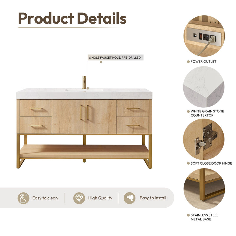 Vinnova 796060-WO-GW Kolkata 60" Single Sink Bath Vanity in Weathered Oak with White Grain Composite Stone Top