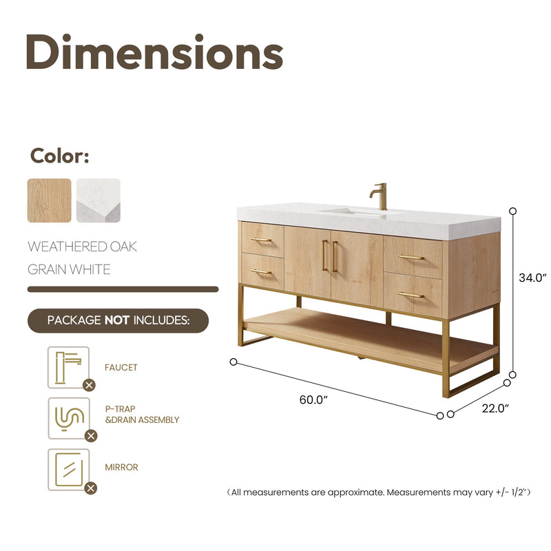 Vinnova 796060-WO-GW Kolkata 60" Single Sink Bath Vanity in Weathered Oak with White Grain Composite Stone Top