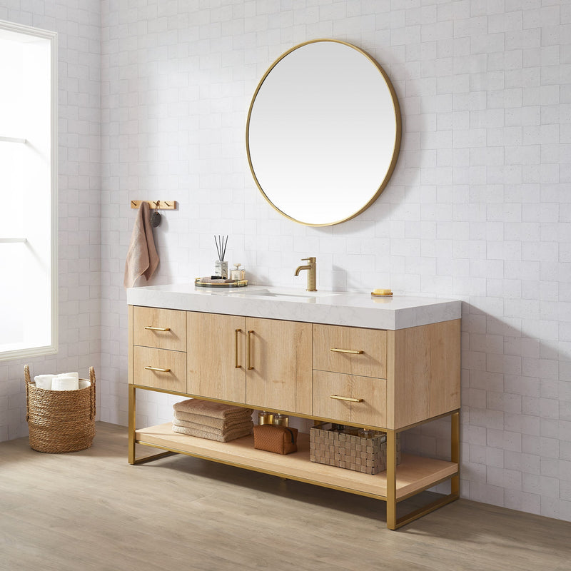 Vinnova 796060-WO-GW Kolkata 60" Single Sink Bath Vanity in Weathered Oak with White Grain Composite Stone Top