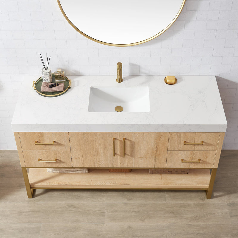 Vinnova 796060-WO-GW Kolkata 60" Single Sink Bath Vanity in Weathered Oak with White Grain Composite Stone Top