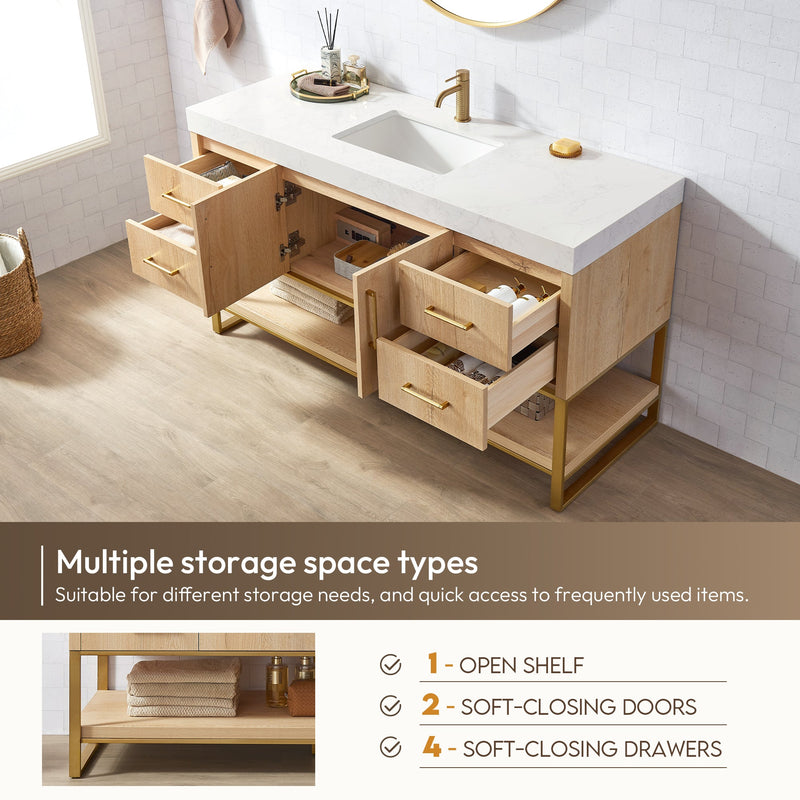 Vinnova 796060-WO-GW Kolkata 60" Single Sink Bath Vanity in Weathered Oak with White Grain Composite Stone Top