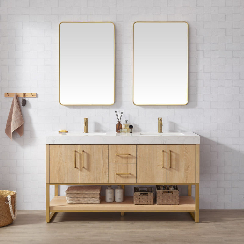 Vinnova 796060M-WO-GW Kolkata 60M" Double Sink Bath Vanity in Weathered Oak with White Grain Composite Stone Top