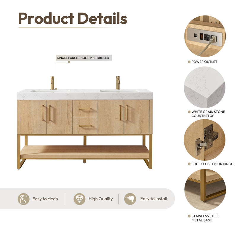 Vinnova 796060M-WO-GW Kolkata 60M" Double Sink Bath Vanity in Weathered Oak with White Grain Composite Stone Top