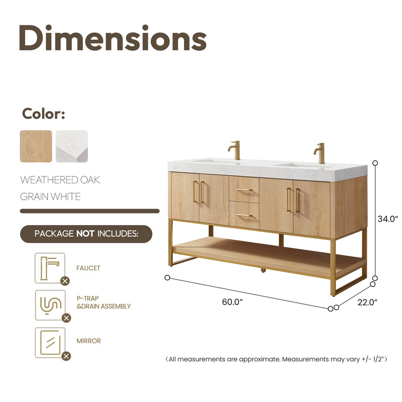 Vinnova 796060M-WO-GW Kolkata 60M" Double Sink Bath Vanity in Weathered Oak with White Grain Composite Stone Top