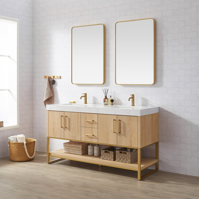 Vinnova 796060M-WO-GW Kolkata 60M" Double Sink Bath Vanity in Weathered Oak with White Grain Composite Stone Top