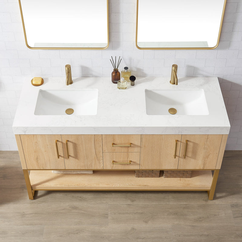 Vinnova 796060M-WO-GW Kolkata 60M" Double Sink Bath Vanity in Weathered Oak with White Grain Composite Stone Top