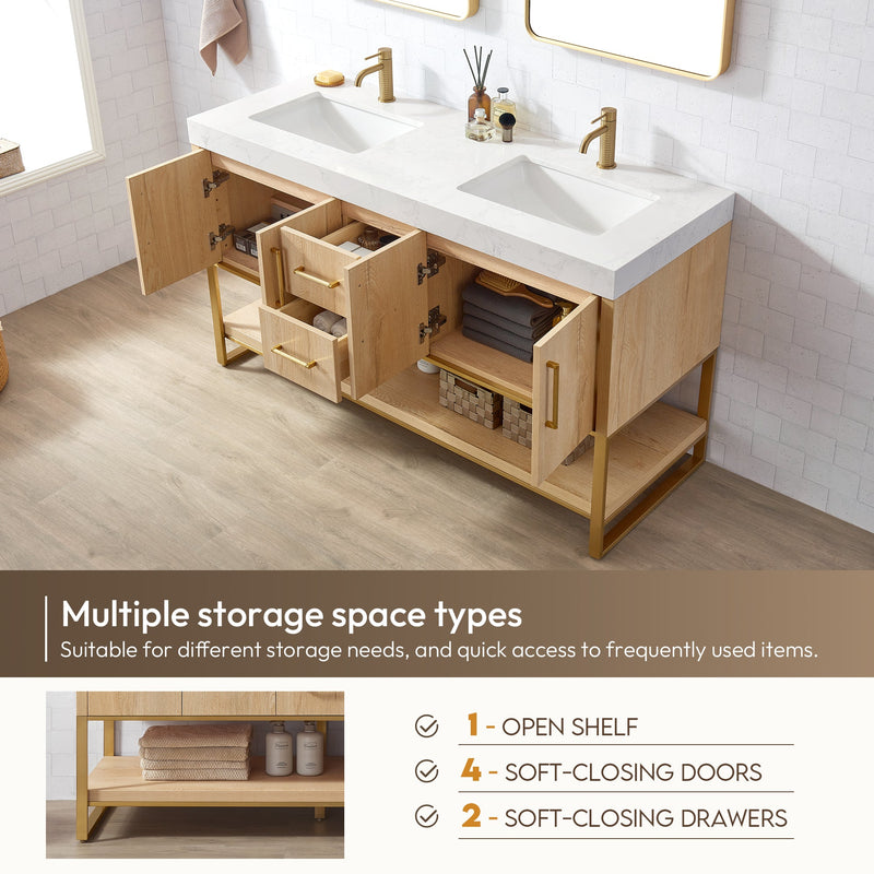 Vinnova 796060M-WO-GW Kolkata 60M" Double Sink Bath Vanity in Weathered Oak with White Grain Composite Stone Top
