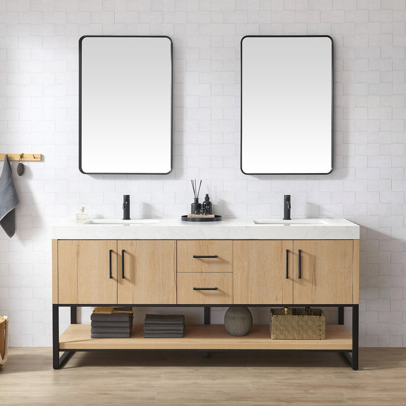 Vinnova 796072B-WO-GW Kolkata 72B" Double Sink Bath Vanity in Weathered Oak with White Grain Composite Stone Top