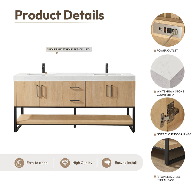 Vinnova 796072B-WO-GW Kolkata 72B" Double Sink Bath Vanity in Weathered Oak with White Grain Composite Stone Top