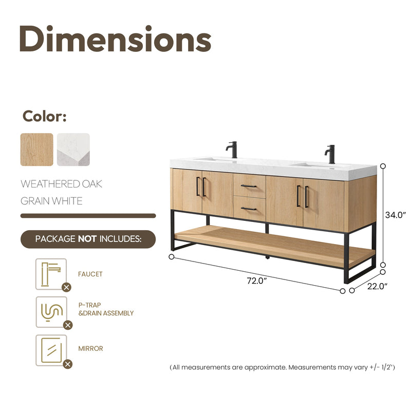 Vinnova 796072B-WO-GW Kolkata 72B" Double Sink Bath Vanity in Weathered Oak with White Grain Composite Stone Top