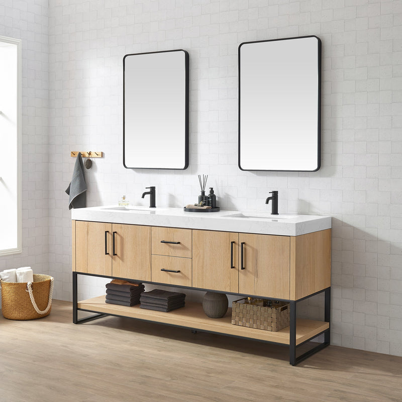 Vinnova 796072B-WO-GW Kolkata 72B" Double Sink Bath Vanity in Weathered Oak with White Grain Composite Stone Top