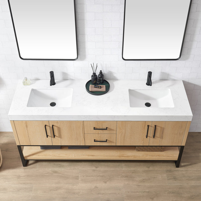 Vinnova 796072B-WO-GW Kolkata 72B" Double Sink Bath Vanity in Weathered Oak with White Grain Composite Stone Top