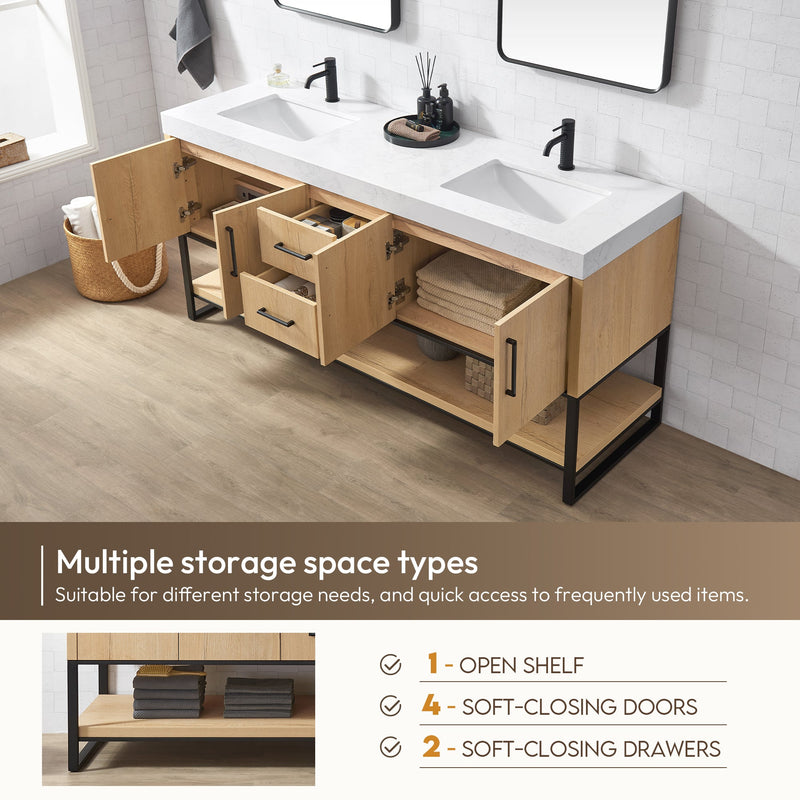 Vinnova 796072B-WO-GW Kolkata 72B" Double Sink Bath Vanity in Weathered Oak with White Grain Composite Stone Top