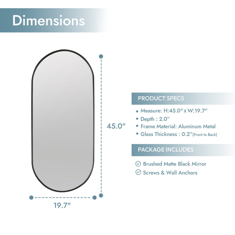 Vinnova 803121-MIR-BB Miajadas 19.7" W x 45" H Oval Aluminum Framed Wall Mount Bathroom Vanity Mirror in Brushed Black