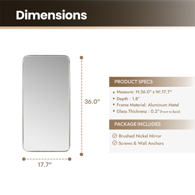 Vinnova 803218-MIR-SN Mutriku 18" W x 36" H Rectangle Metal Wall Mirror in Satin Nickel