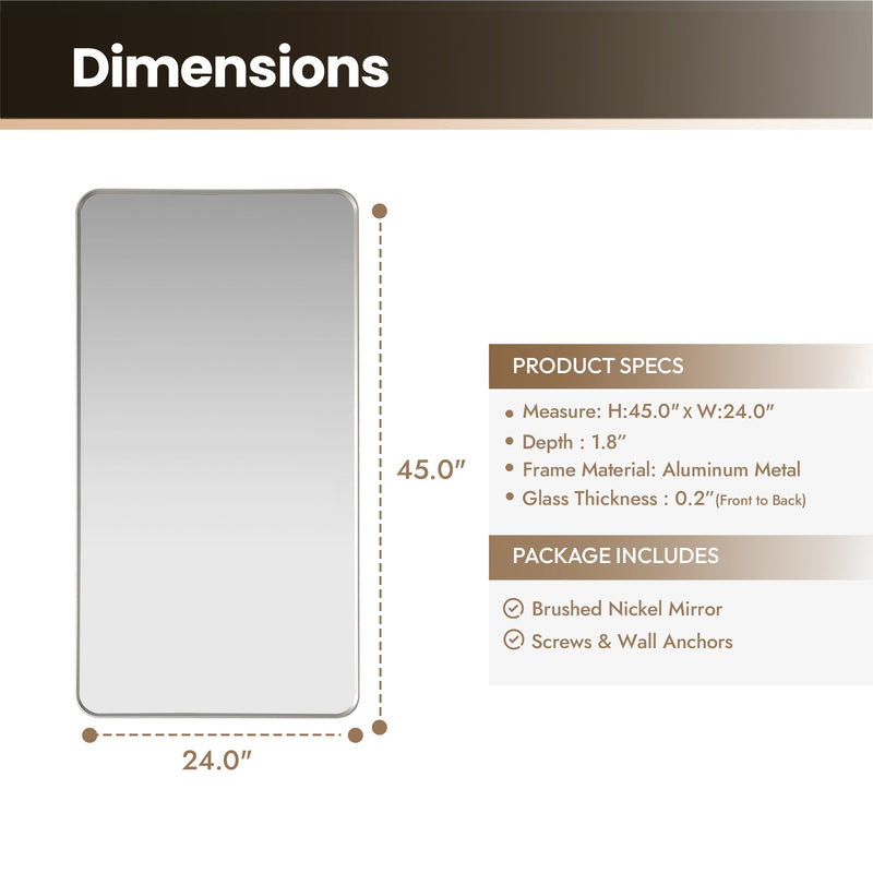 Vinnova 803225-MIR-SN Mutriku 24" W x 45" H Rectangle Metal Wall Mirror in Satin Nickel