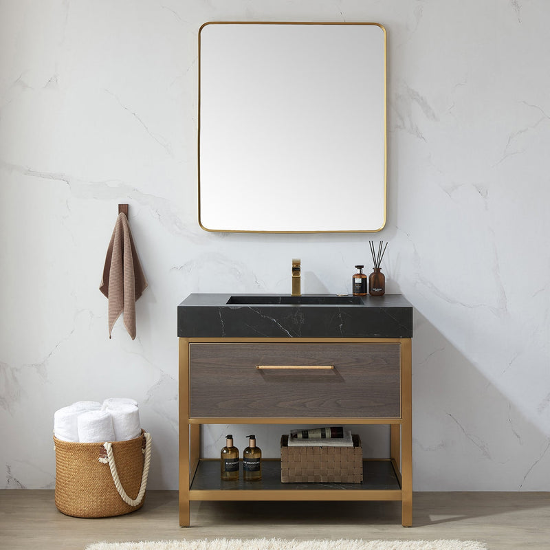 Vinnova 803232-MIR-BG Mutriku 32 in. W x 36 in. H Rectangle Metal Wall Mirror in Brushed Gold