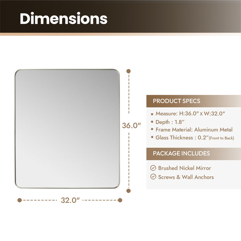 Vinnova 803232-MIR-SN Mutriku 32" W x 36" H Rectangle Metal Wall Mirror in Satin Nickel