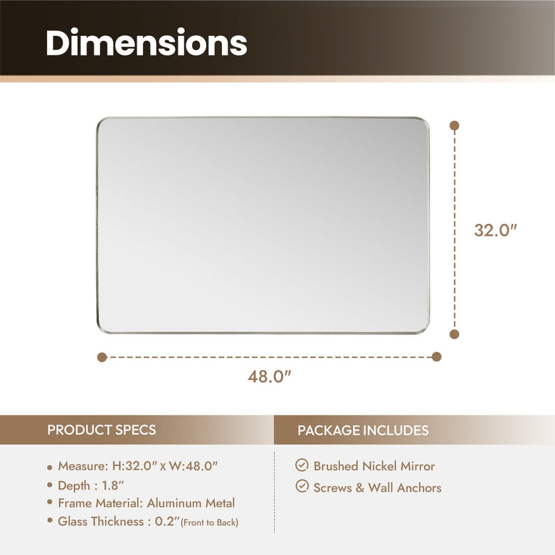 Vinnova 803248-MIR-SN Mutriku 48" W x 32" H Rectangle Metal Wall Mirror in Satin Nickel