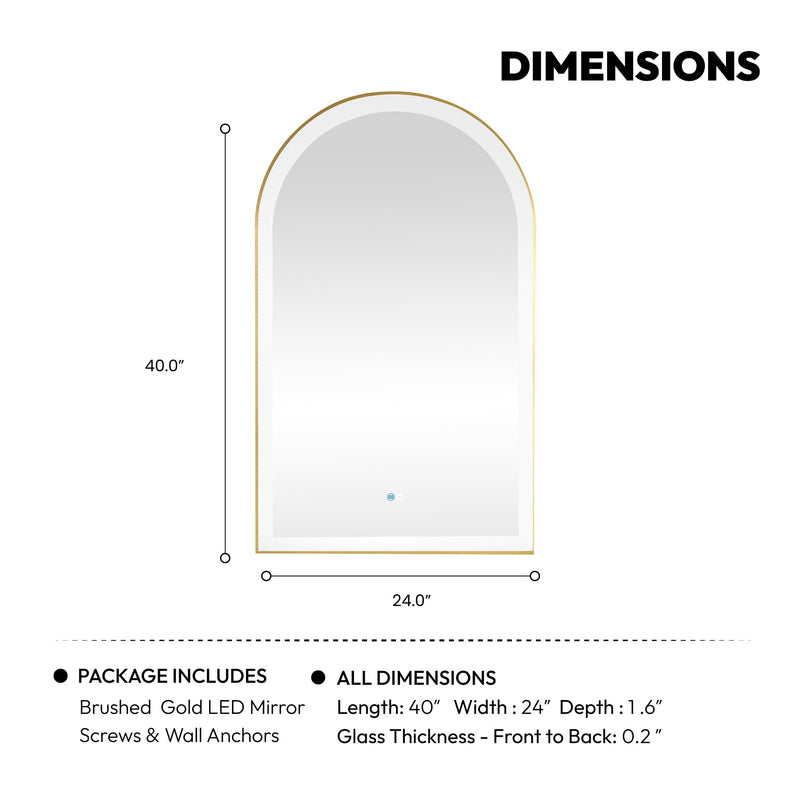 Vinnova 803624-LED-BG Estartit 24 in. W x 40 in. H Arch Aluminum Framed LED Wall Mirror in Brushed Gold - view 11