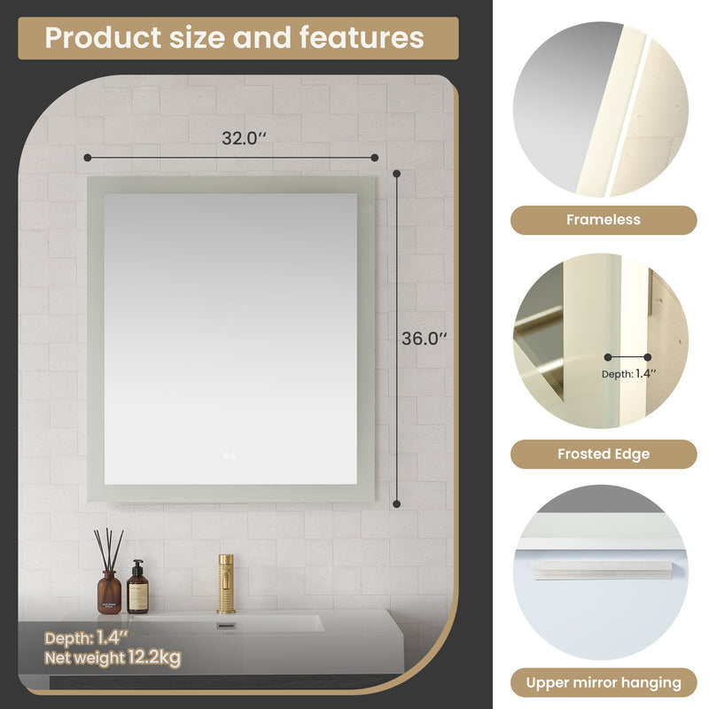Vinnova 803732R-LED-AC Beijing 32" W x 36" H Rectangular Acrylic Frameless LED Wall Mount Bathroom Vanity Mirror
