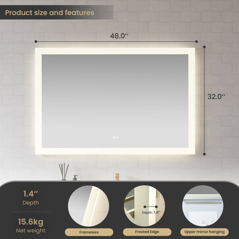 Vinnova 803748R-LED-AC Beijing 48" W x 32" H Rectangular Acrylic Frameless LED Wall Mount Bathroom Vanity Mirror