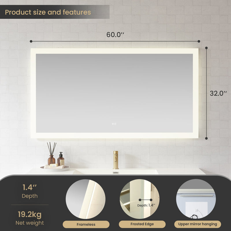 Vinnova 803760R-LED-AC Beijing 60" W x 32" H Rectangular Acrylic Frameless LED Wall Mount Bathroom Vanity Mirror