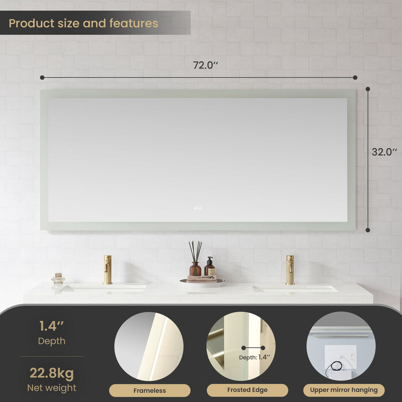 Vinnova 803772R-LED-ACBeijing 72" W x 32" H Rectangular Acrylic Frameless LED Wall Mount Bathroom Vanity Mirror