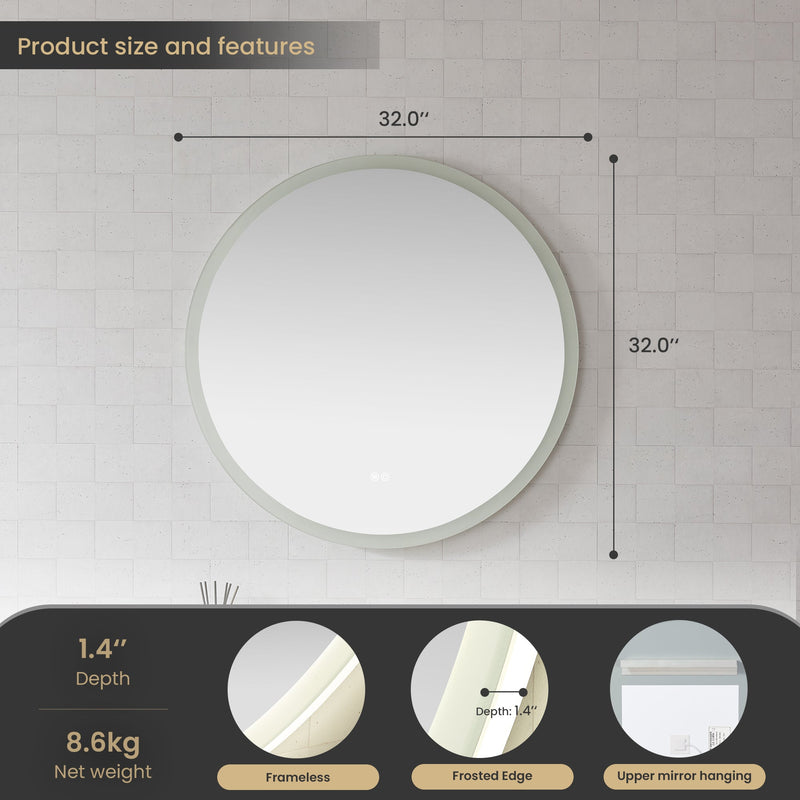 Vinnova 803832C-LED-AC Moscow 32" W x 32" H Circular Aluminum Frameless LED Wall Mount Bathroom Vanity Mirror