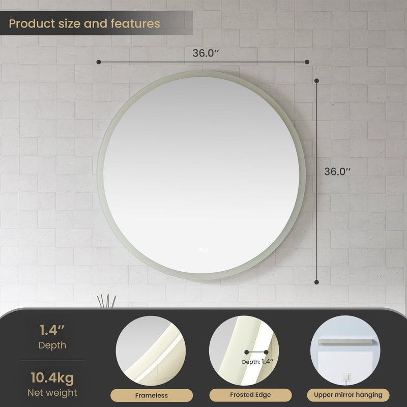 Vinnova 803836C-LED-AC Moscow 36" W x 36" H Circular Aluminum Frameless LED Wall Mount Bathroom Vanity Mirror