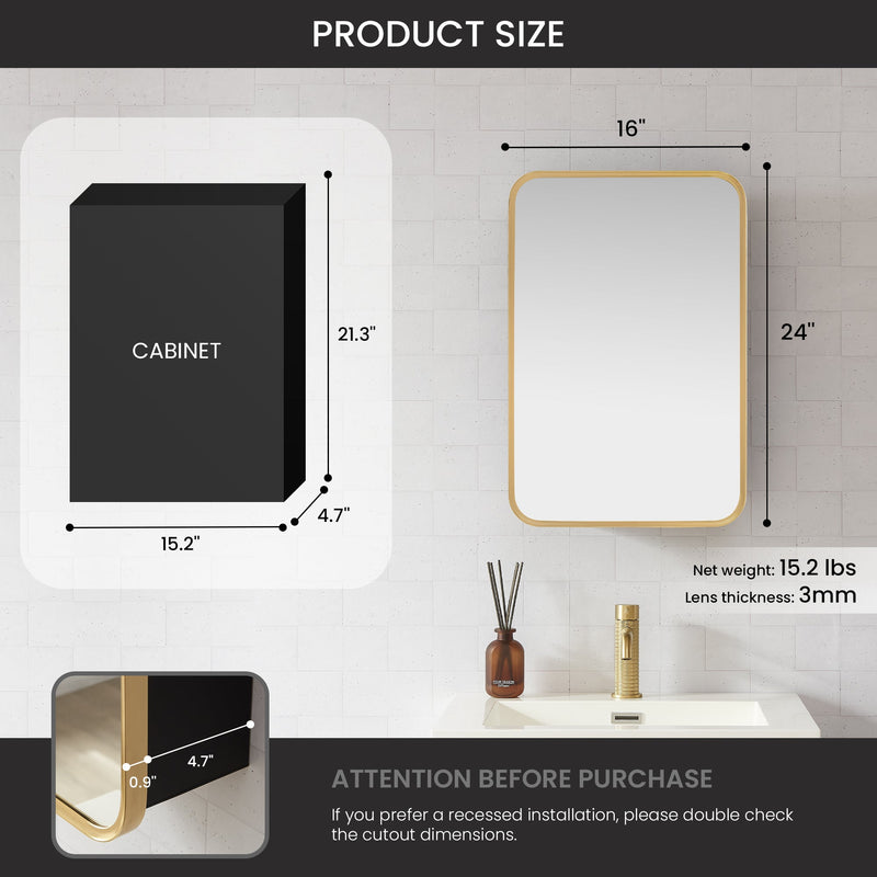 Vinnova 804216-MCB-BG Talayuela 16"W x 24"H Rectangular Aluminum Framed Medicine Cabinet in Brushed Gold