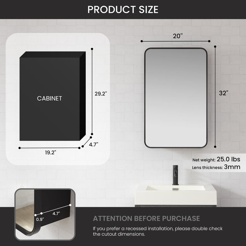Vinnova 804220-MCB-BB Talayuela 20"W x 32"H Rectangular Aluminum Framed Medicine Cabinet in Brushed Black