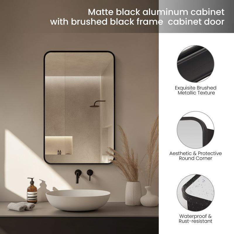 Vinnova 804220-MCB-BB Talayuela 20"W x 32"H Rectangular Aluminum Framed Medicine Cabinet in Brushed Black