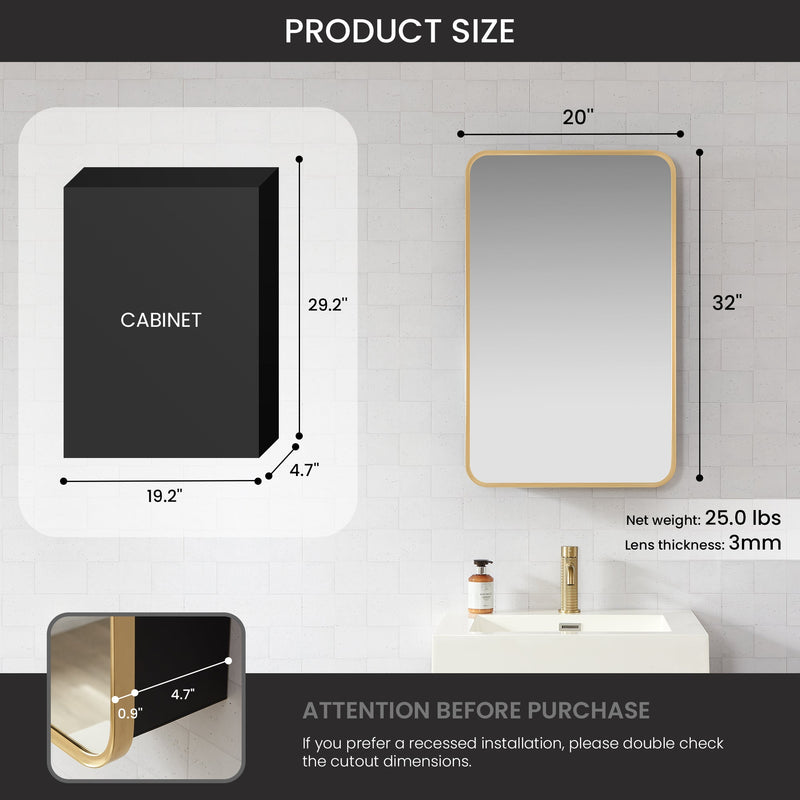 Vinnova 804220-MCB-BG Talayuela 20"W x 32"H Rectangular Aluminum Framed Medicine Cabinet in Brushed Gold