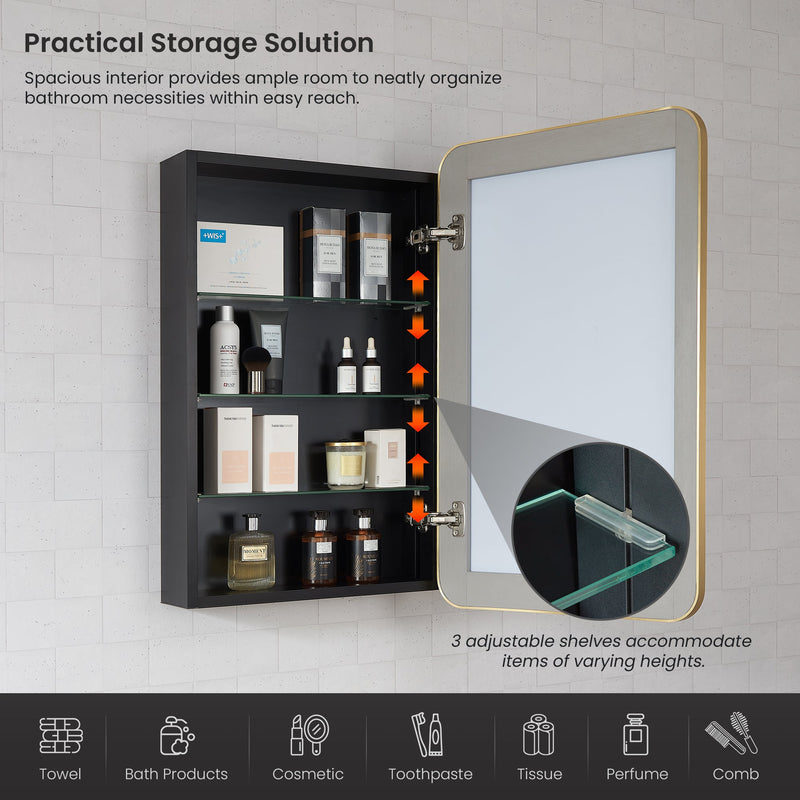 Vinnova 804220-MCB-BG Talayuela 20"W x 32"H Rectangular Aluminum Framed Medicine Cabinet in Brushed Gold